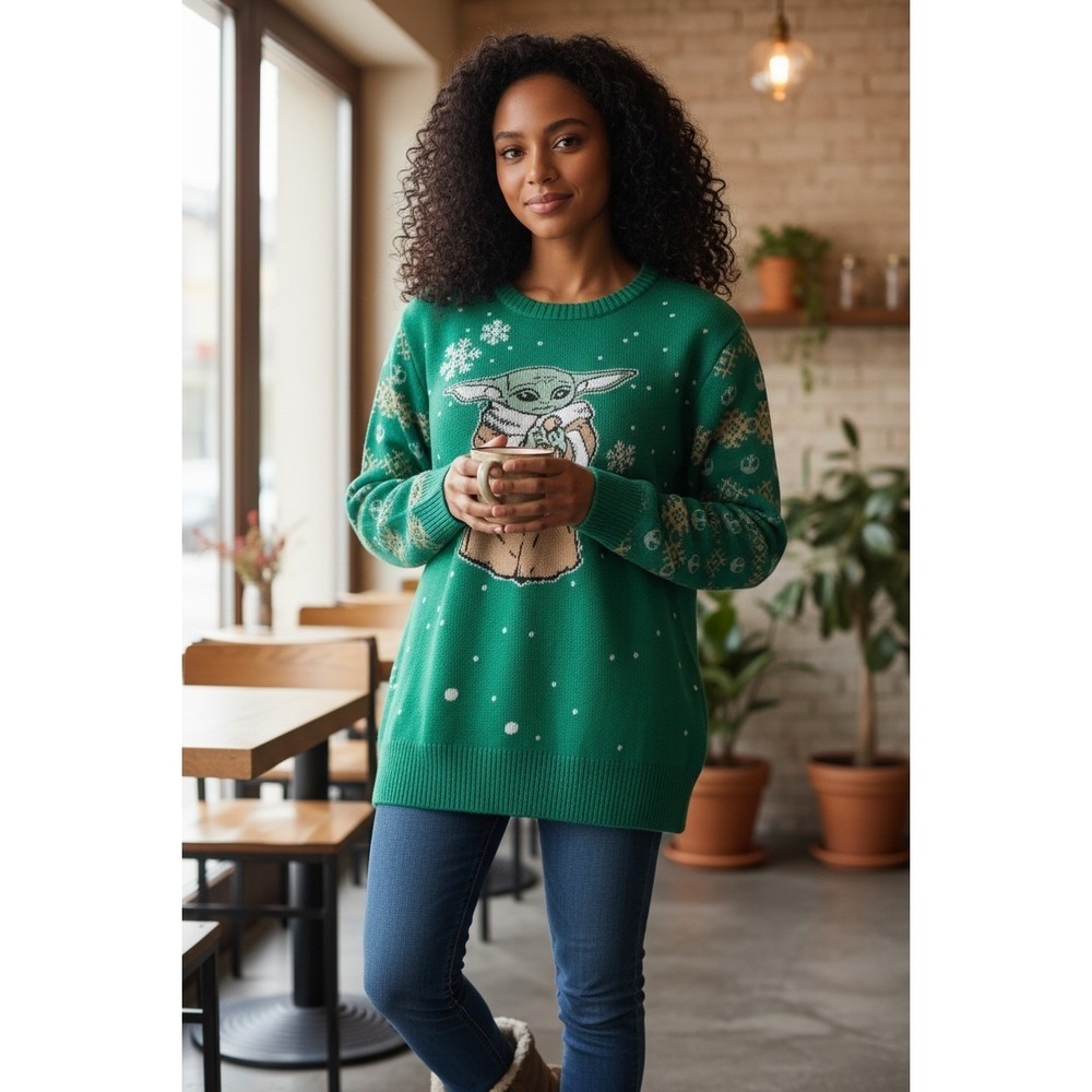 Disney Star Wars Women's XL Sweater Green Baby Yoda Snowflake